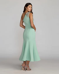 Mac Duggal Sage Green Crepe One Shoulder Midi Dress With Flower #13221