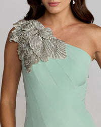 Mac Duggal Sage Green Crepe One Shoulder Midi Dress With Flower #13221