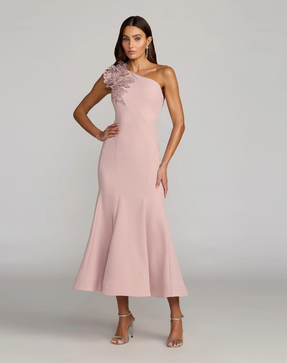 Mac Duggal #13222 rose one shoulder trumpet midi dress with 3d flower