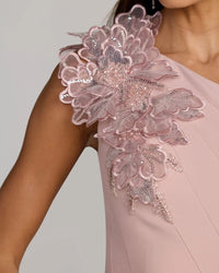 Mac Duggal #13222 rose one shoulder trumpet midi dress with 3d flower