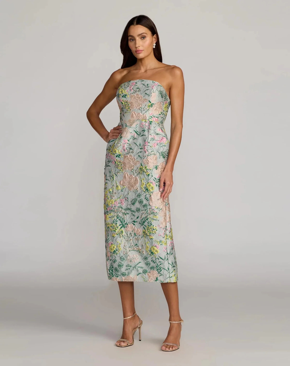 Pastel Multi Strapless Brocade Midi Dress With Pockets