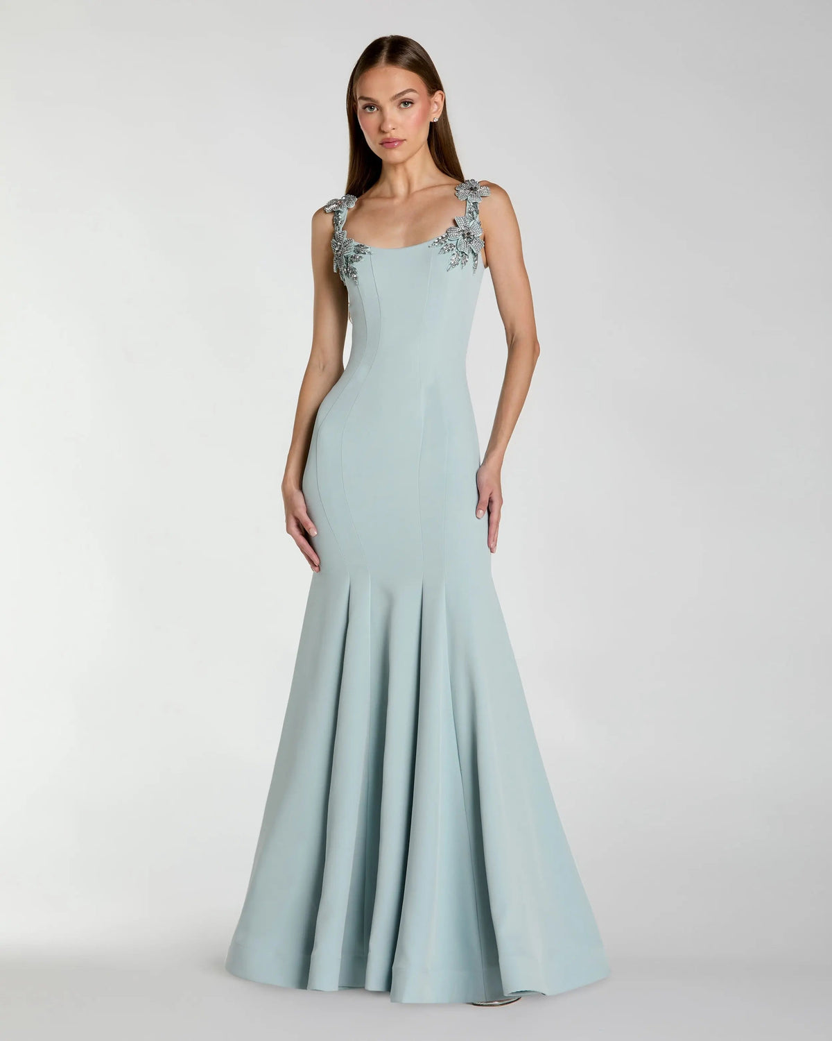 Mac Duggal 13224 Powder Blue scoop neck mermaid gown with rhinestone straps - Front