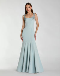 Mac Duggal 13224 Powder Blue scoop neck mermaid gown with rhinestone straps - Front