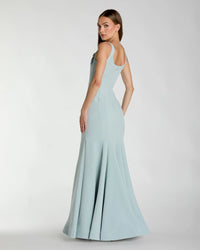 Mac Duggal 13224 Powder Blue scoop neck mermaid gown with rhinestone straps - Back view
