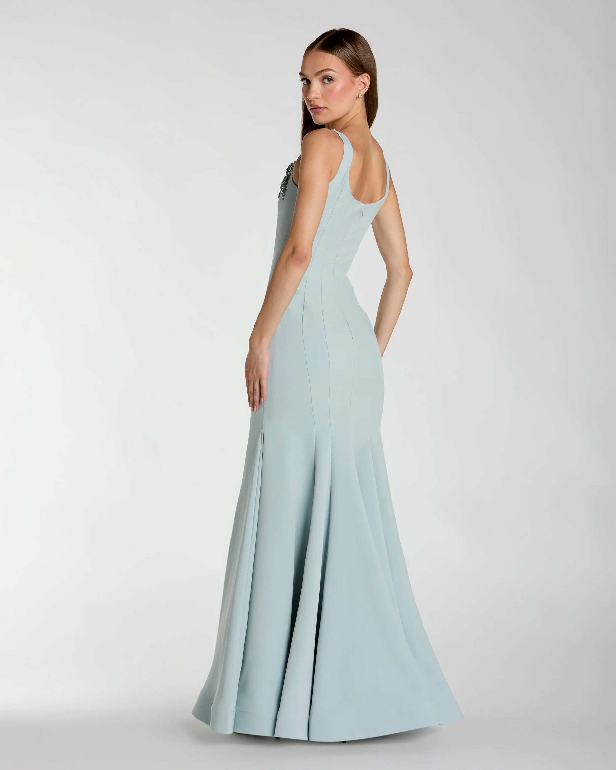 Mac Duggal 13224 Powder Blue scoop neck mermaid gown with rhinestone straps - Back view
