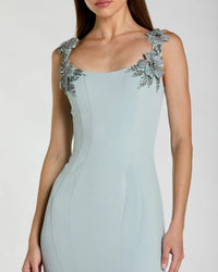 Mac Duggal 13224 Powder Blue scoop neck mermaid gown with rhinestone straps - Close up detail