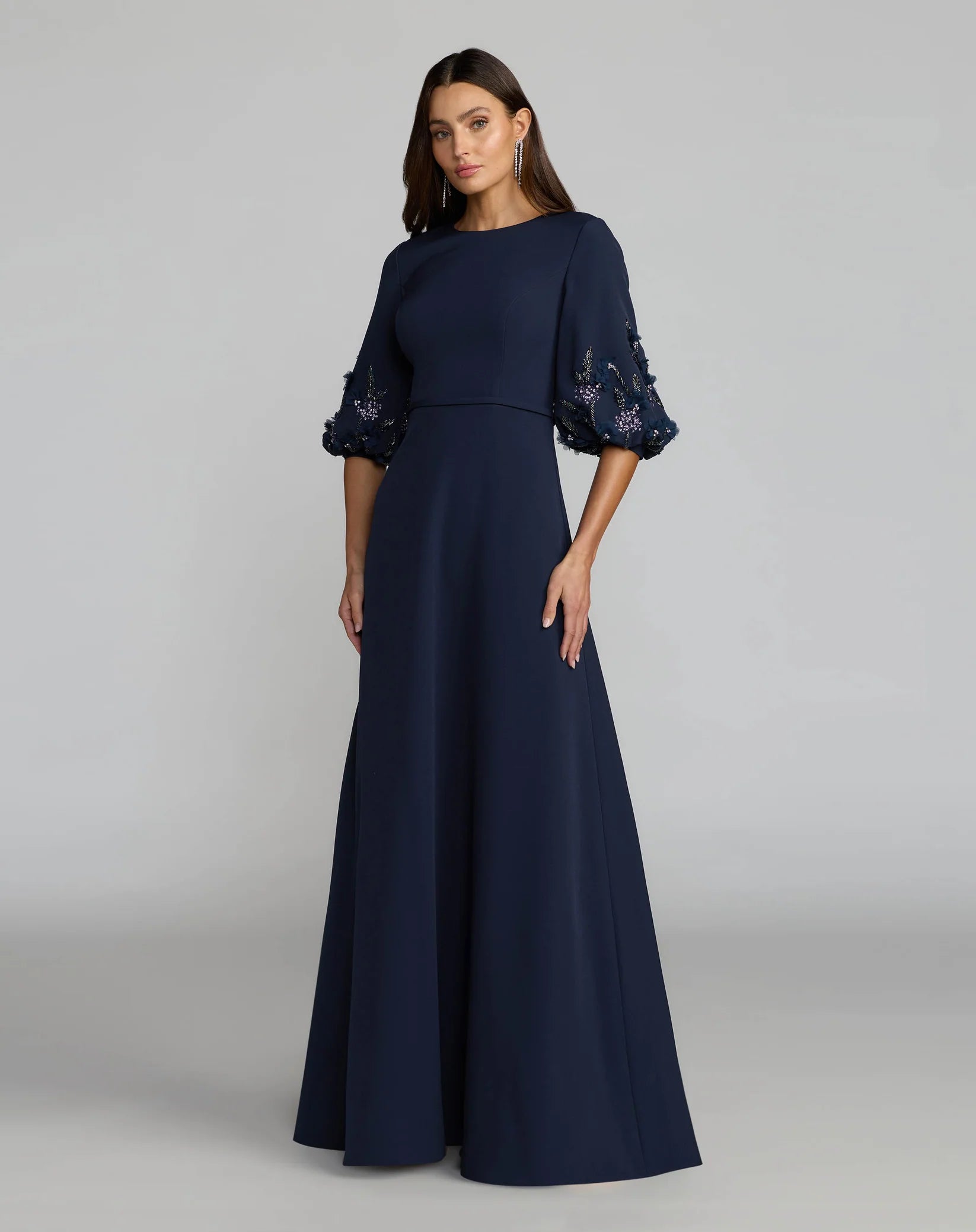 Mac Duggal #1323 Navy Crepe A Line Gown with Embellished Puff Sleeves
