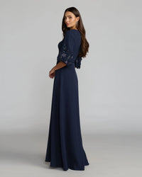 Mac Duggal #1323 Navy Crepe A Line Gown with Embellished Puff Sleeves