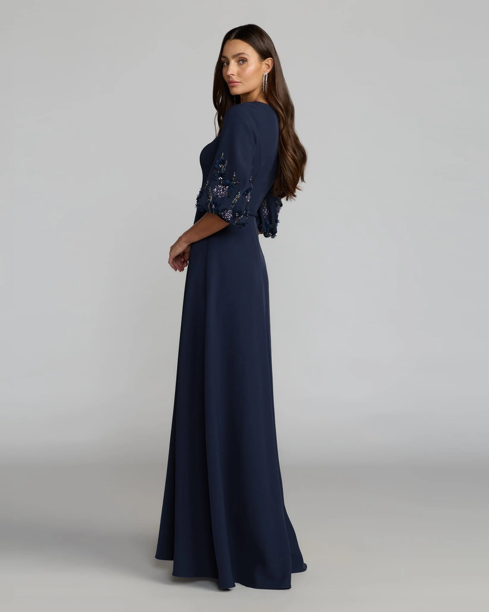Mac Duggal #1323 Navy Crepe A Line Gown with Embellished Puff Sleeves