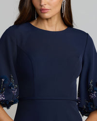Mac Duggal #1323 Navy Crepe A Line Gown with Embellished Puff Sleeves front