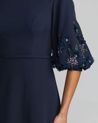 Mac Duggal #1323 Navy Crepe A Line Gown with Embellished Puff Sleeves close up