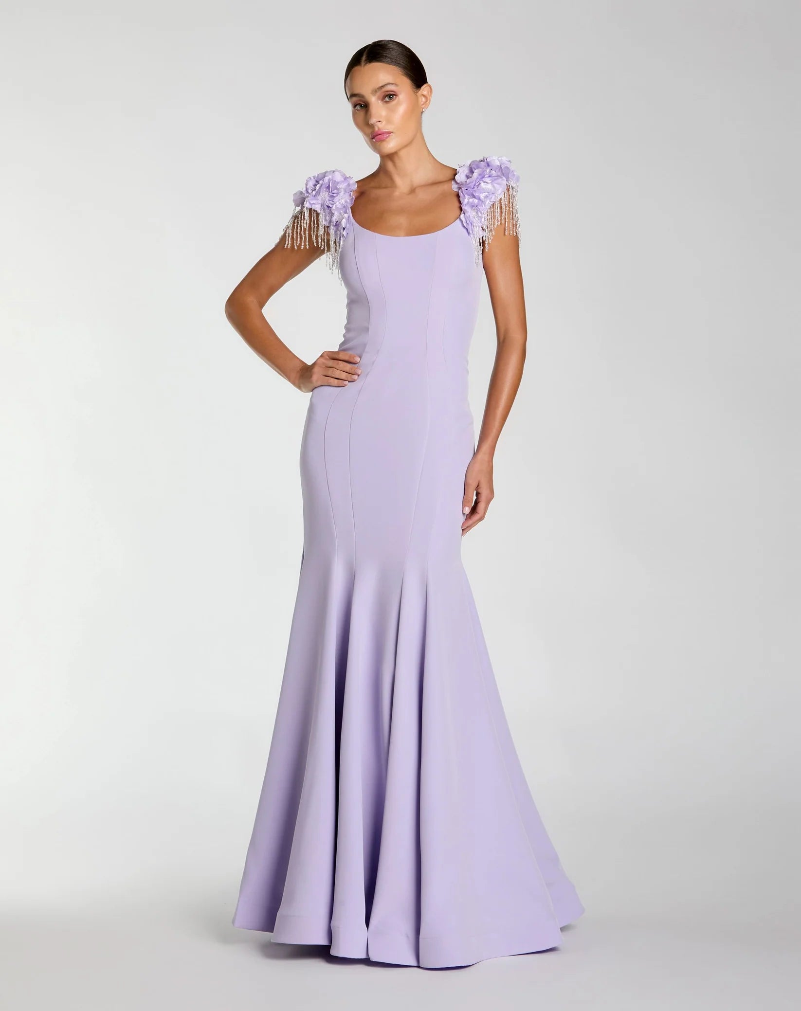 Mac Duggal Purple Scoop Neck Mermaid Gown With Embellished Sleeves #13232