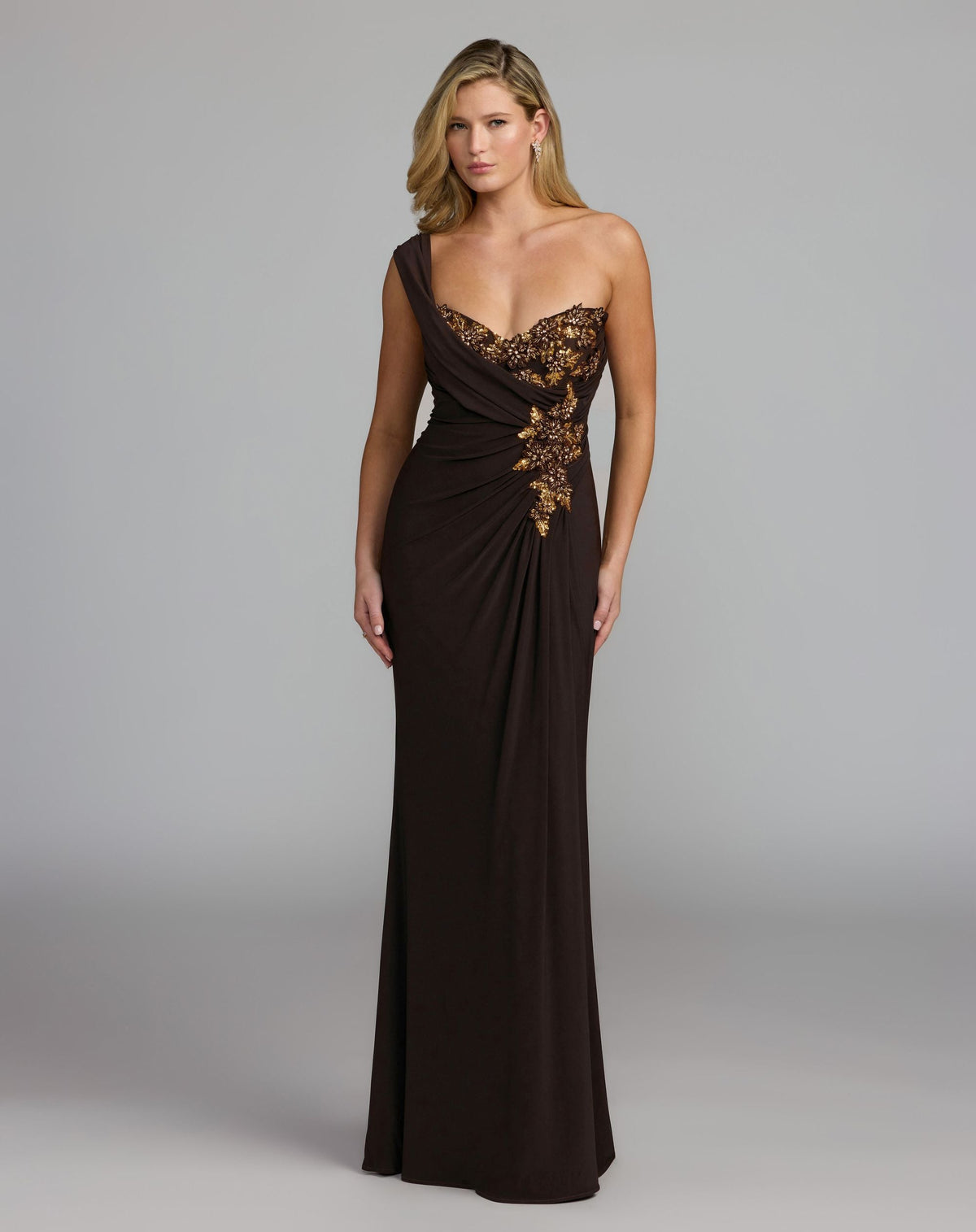 Mac Duggal 13243 chocolate one shoulder embellished jersey gown — front