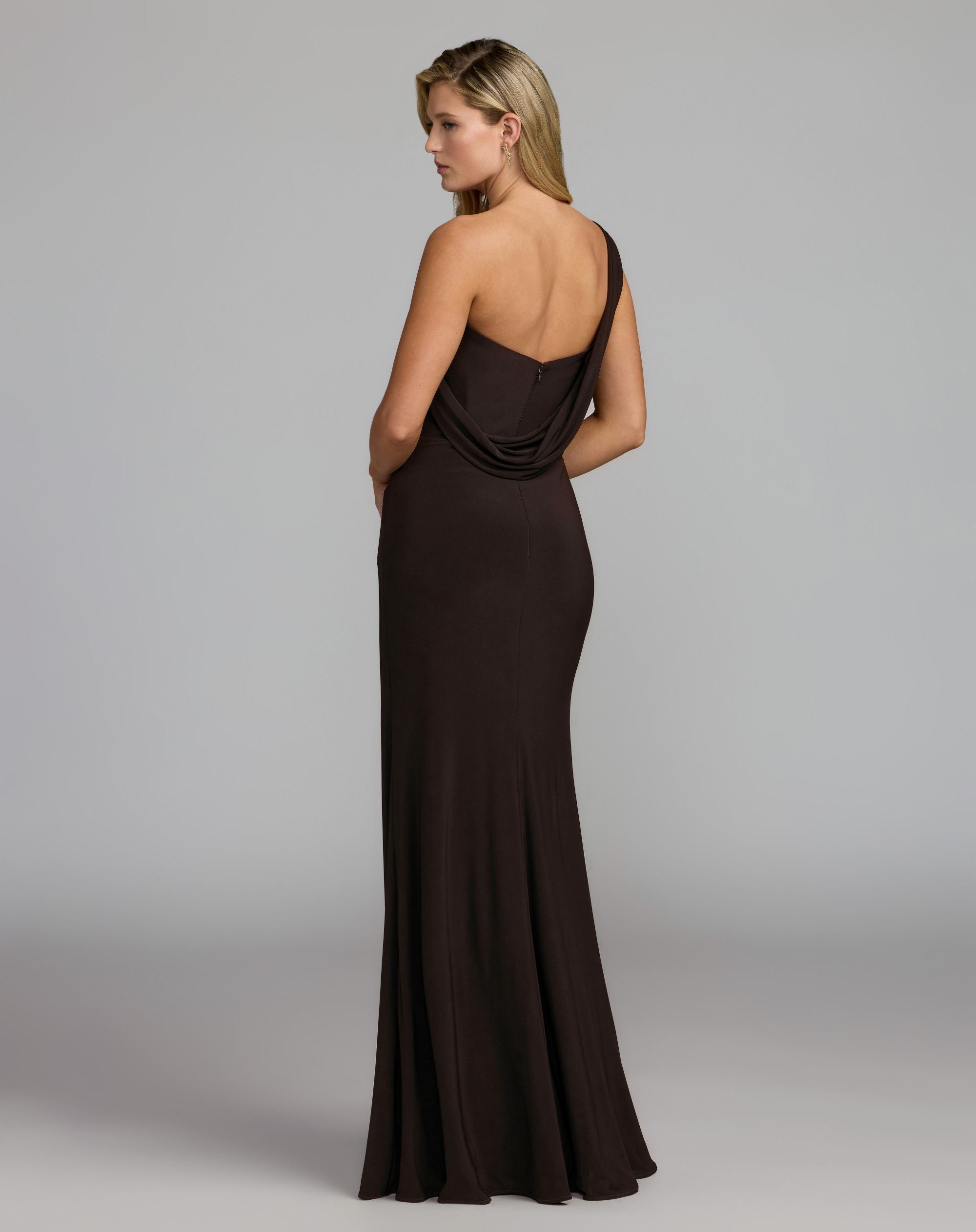 Brown One Shoulder Embellished Jersey Gown