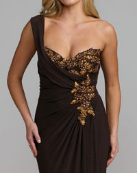Brown One Shoulder Embellished Jersey Gown