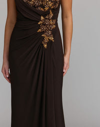 Brown One Shoulder Embellished Jersey Gown