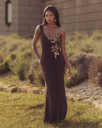 Brown One Shoulder Embellished Jersey Gown