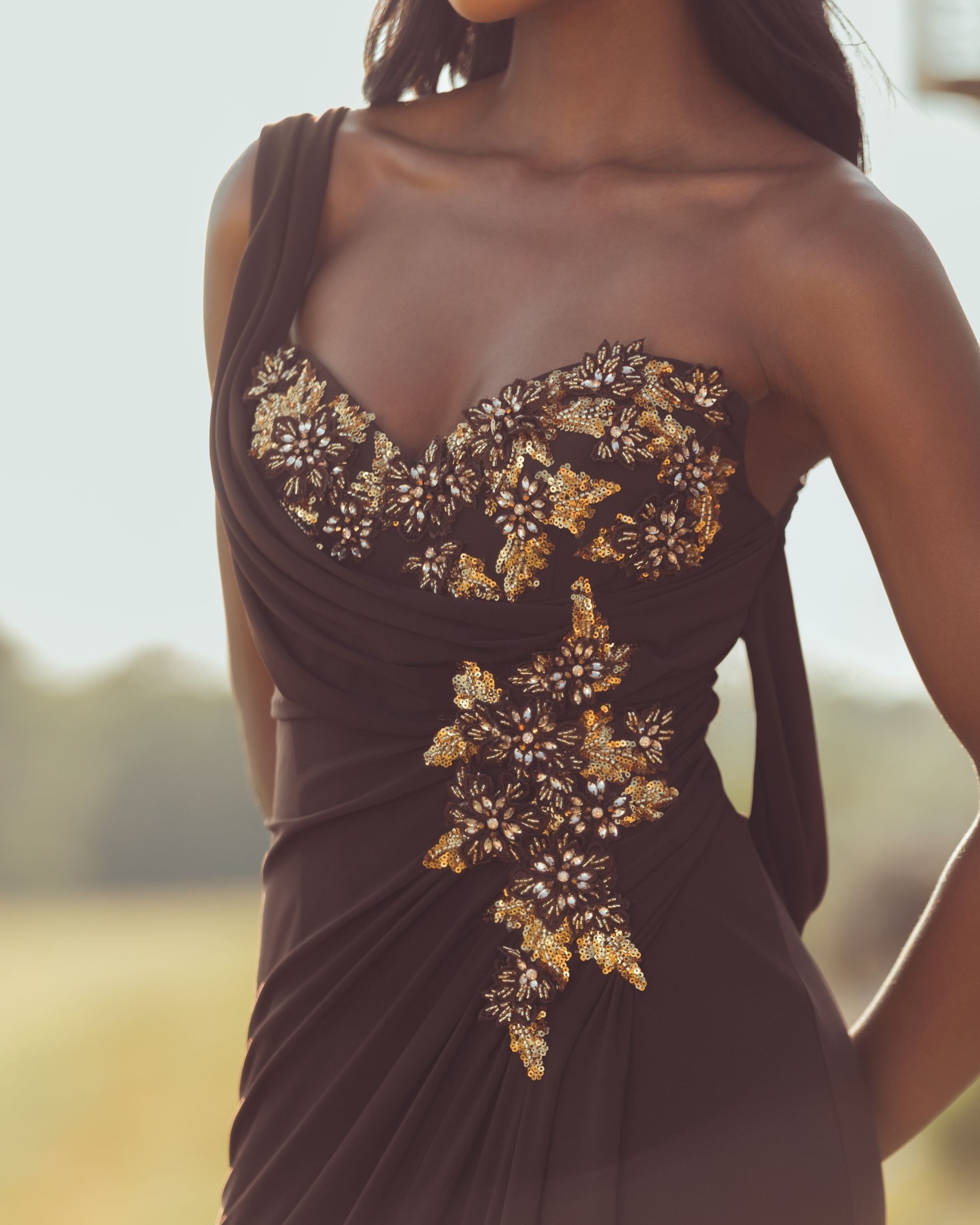 Brown One Shoulder Embellished Jersey Gown