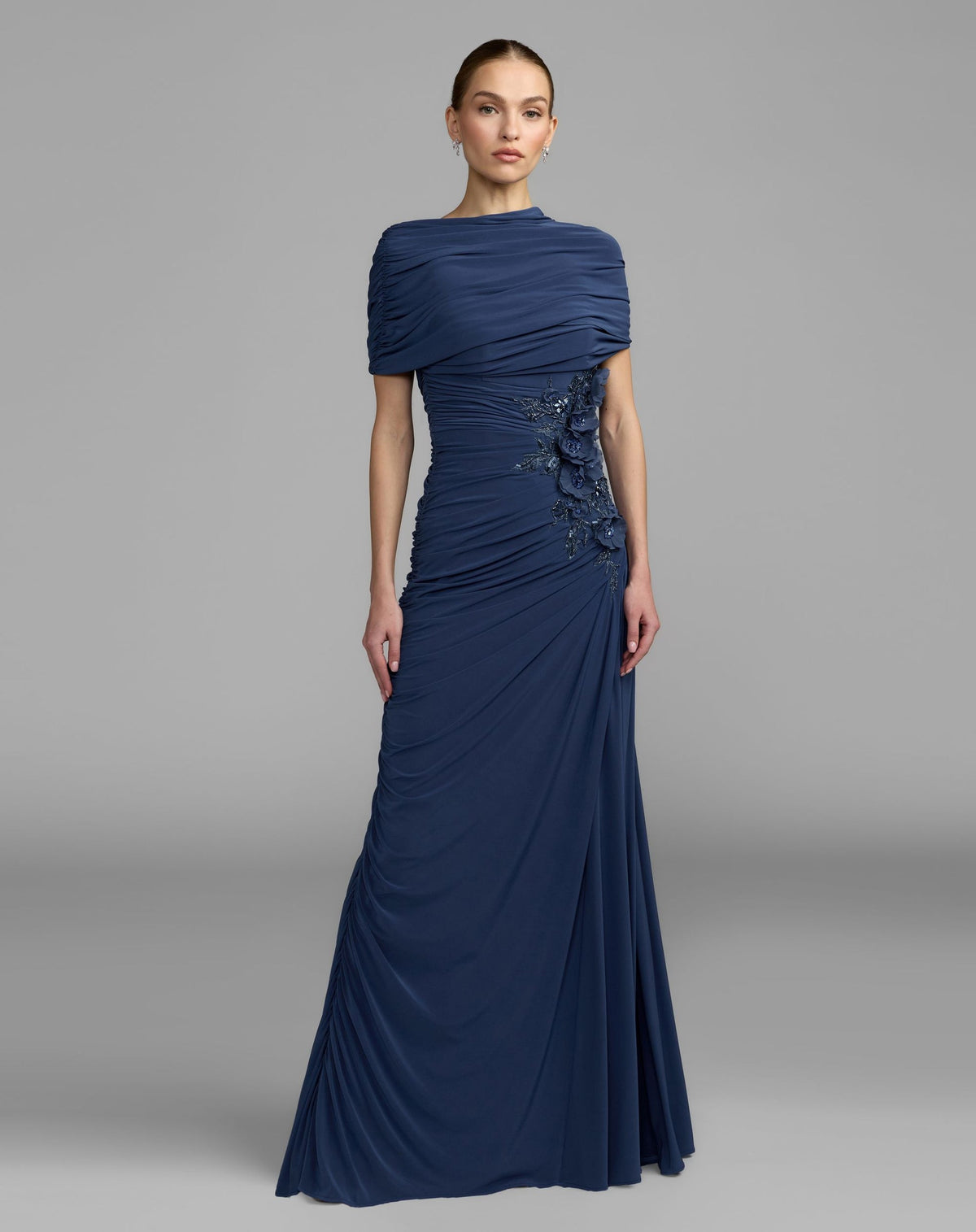 Mac Duggal Navy Embellished Jersey Draped Column Gown #13244 Sapphire
