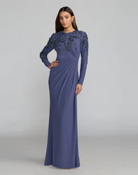 High neck long sleeve beaded jersey gown - Blue Haze