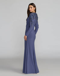 High neck long sleeve beaded jersey gown - Blue Haze