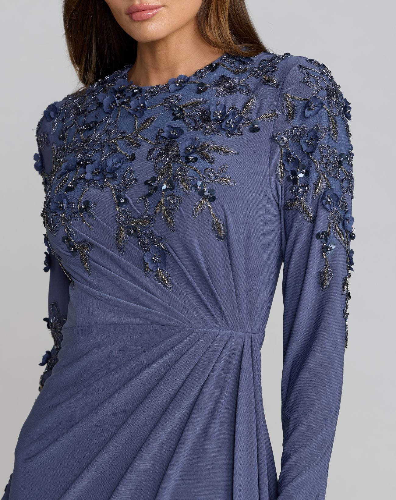High neck long sleeve beaded jersey gown - Blue Haze