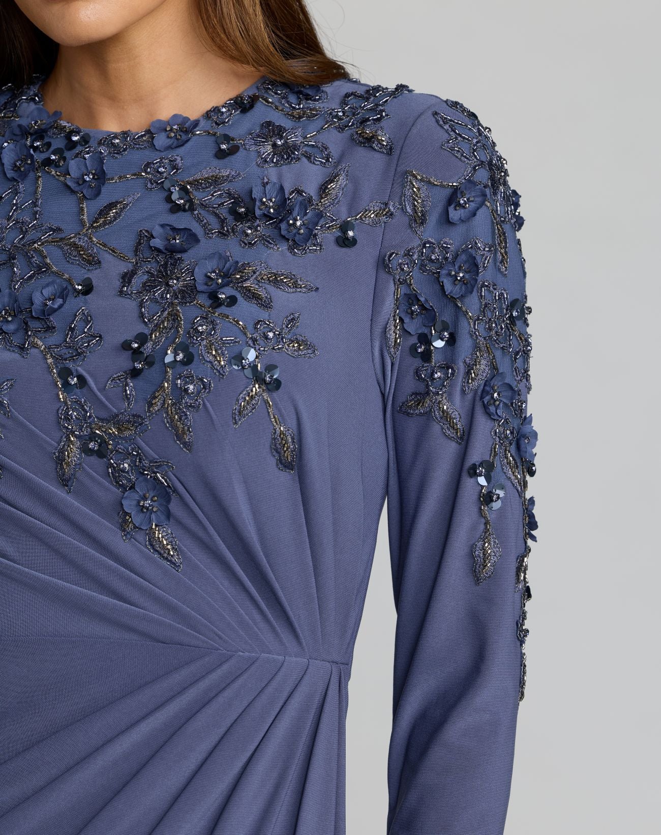 High neck long sleeve beaded jersey gown - Blue Haze
