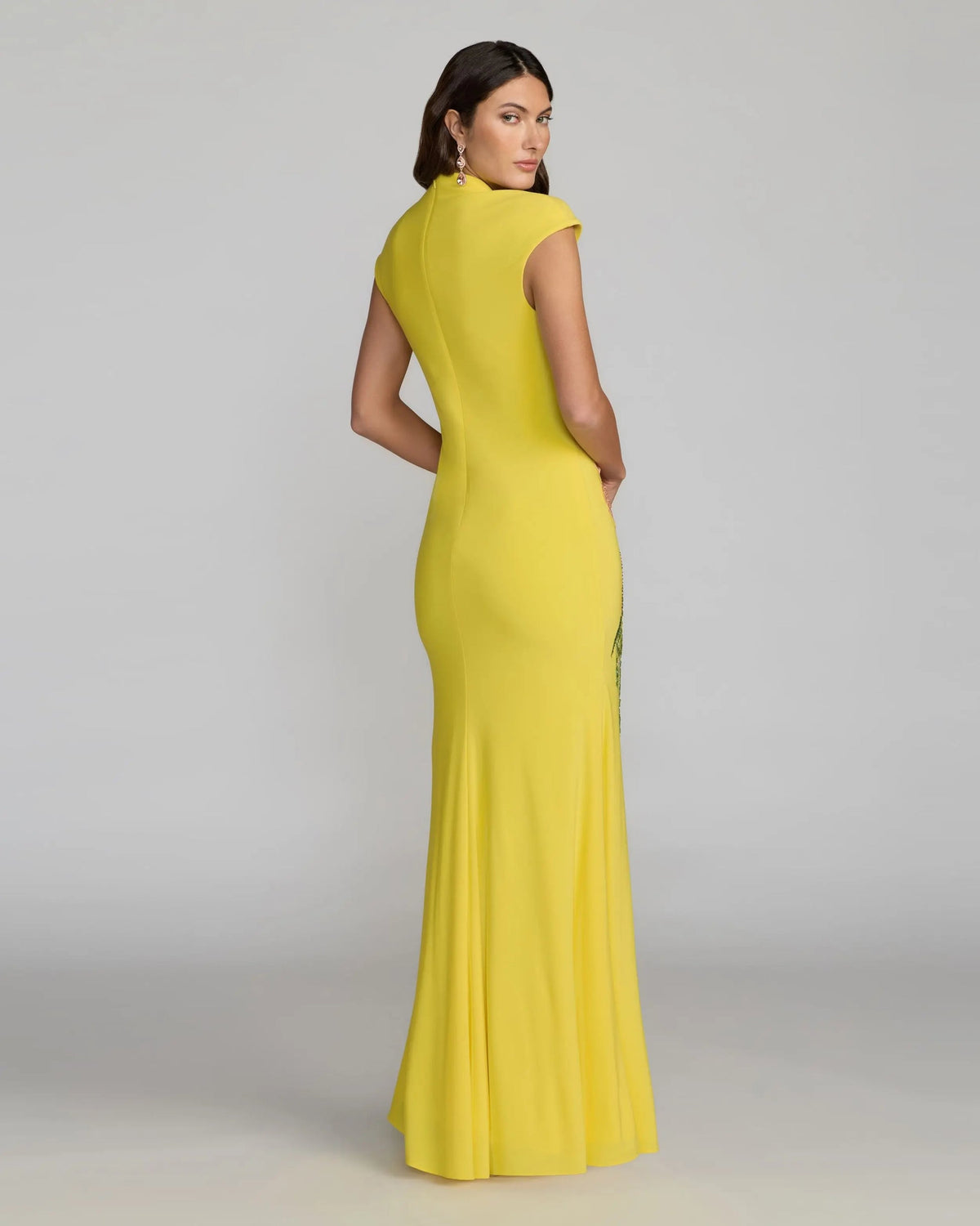Mac Duggal Yellow Floral Appliqué V-Neck Jersey Gown #13249 Yellow Multi