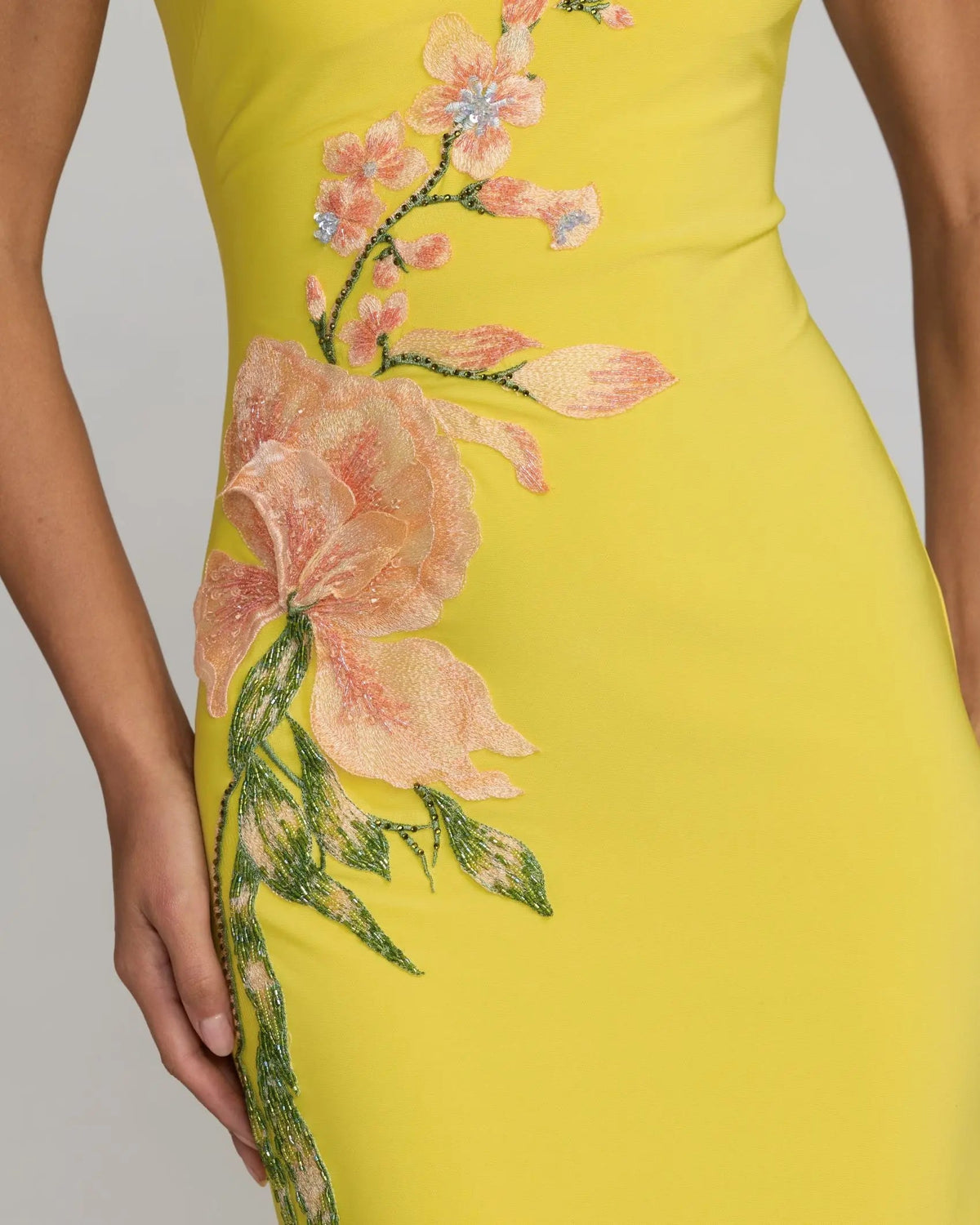 Yellow Floral Appliqué V-Neck Jersey Gown