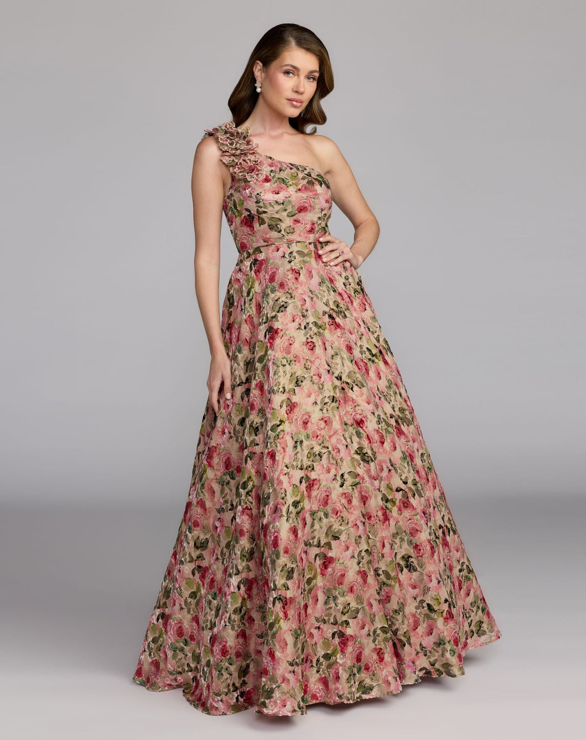 Mac Duggal #13269 One Shoulder Velvet Floral Ball Gown Pink Multi
