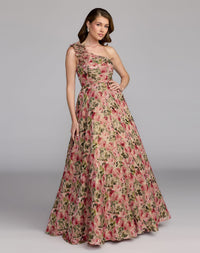 Mac Duggal #13269 One Shoulder Velvet Floral Ball Gown Pink Multi