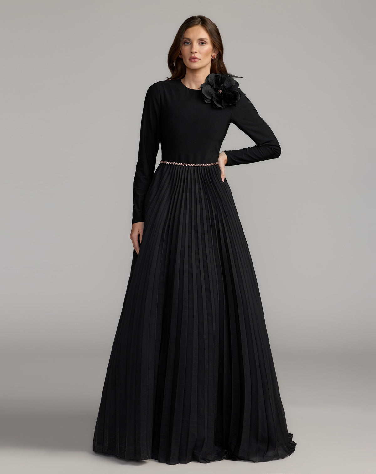Mac Duggal #13276 black pleated organza gown with 3d flower