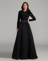 Mac Duggal #13276 black pleated organza gown with 3d flower
