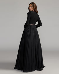 Mac Duggal #13276 black pleated organza gown with 3d flower back view