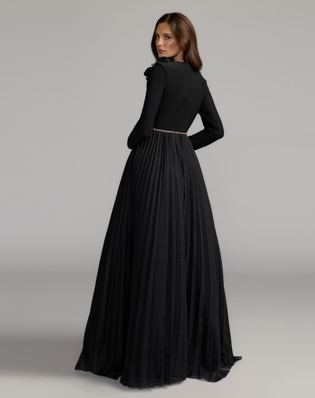 Mac Duggal #13276 black pleated organza gown with 3d flower back view