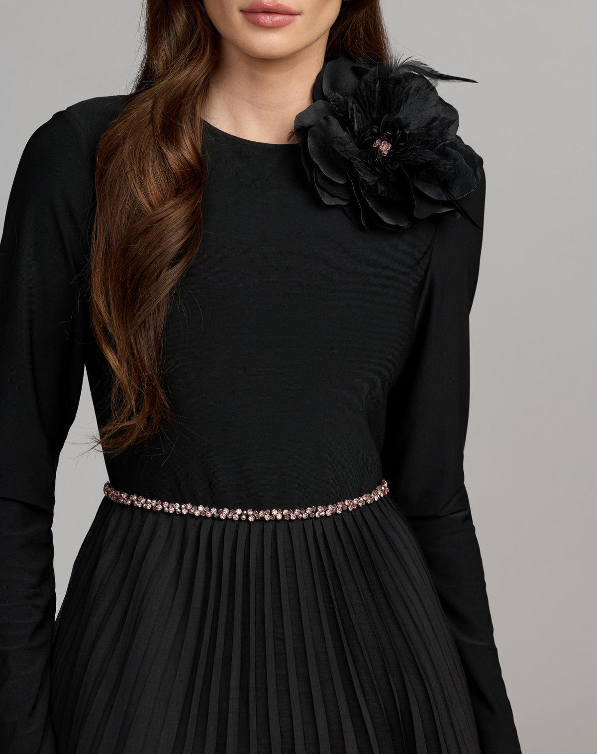 Mac Duggal #13276 black pleated organza gown with 3d flower close-up