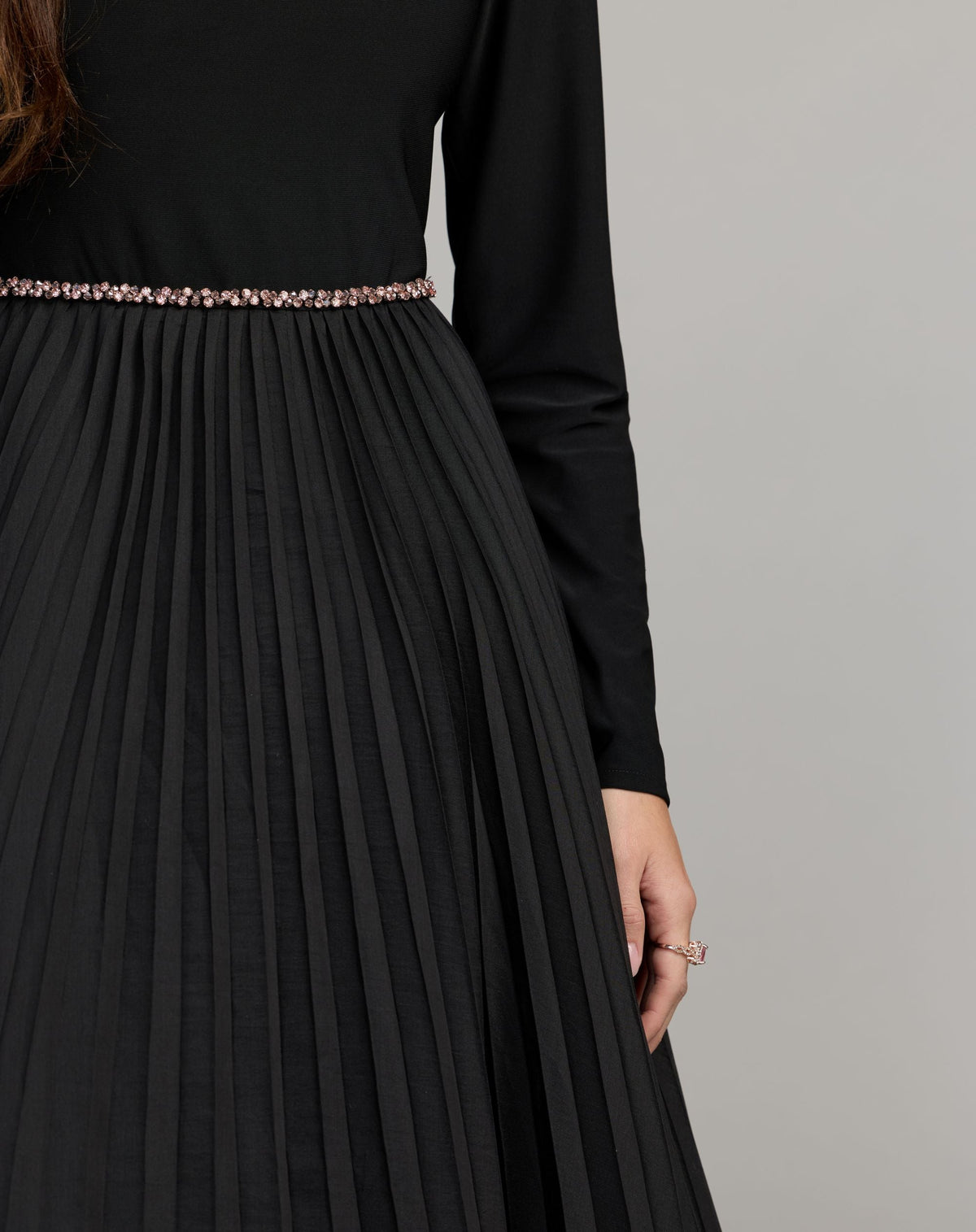 Mac Duggal #13276 black pleated organza gown with 3d flower close-up