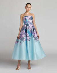 Blue Floral Brocade Strapless Midi Dress