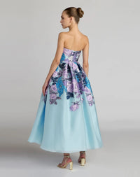 Blue Floral Brocade Strapless Midi Dress