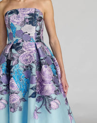 Blue Floral Brocade Strapless Midi Dress