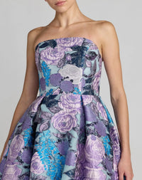 Blue Floral Brocade Strapless Midi Dress