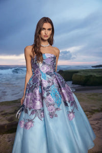 Blue Floral Brocade Strapless Midi Dress