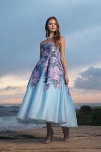 Blue Floral Brocade Strapless Midi Dress