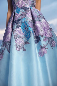 Blue Floral Brocade Strapless Midi Dress