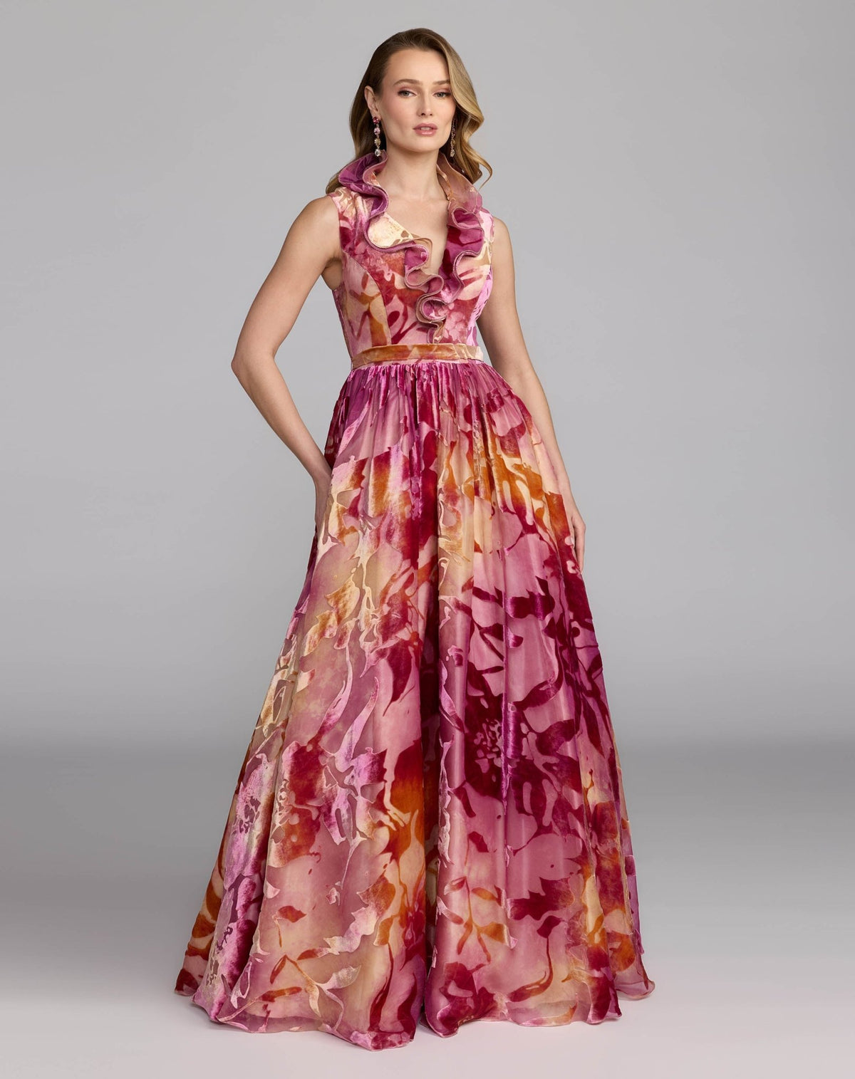Sleeveless Velvet Ruffle Ball Gown