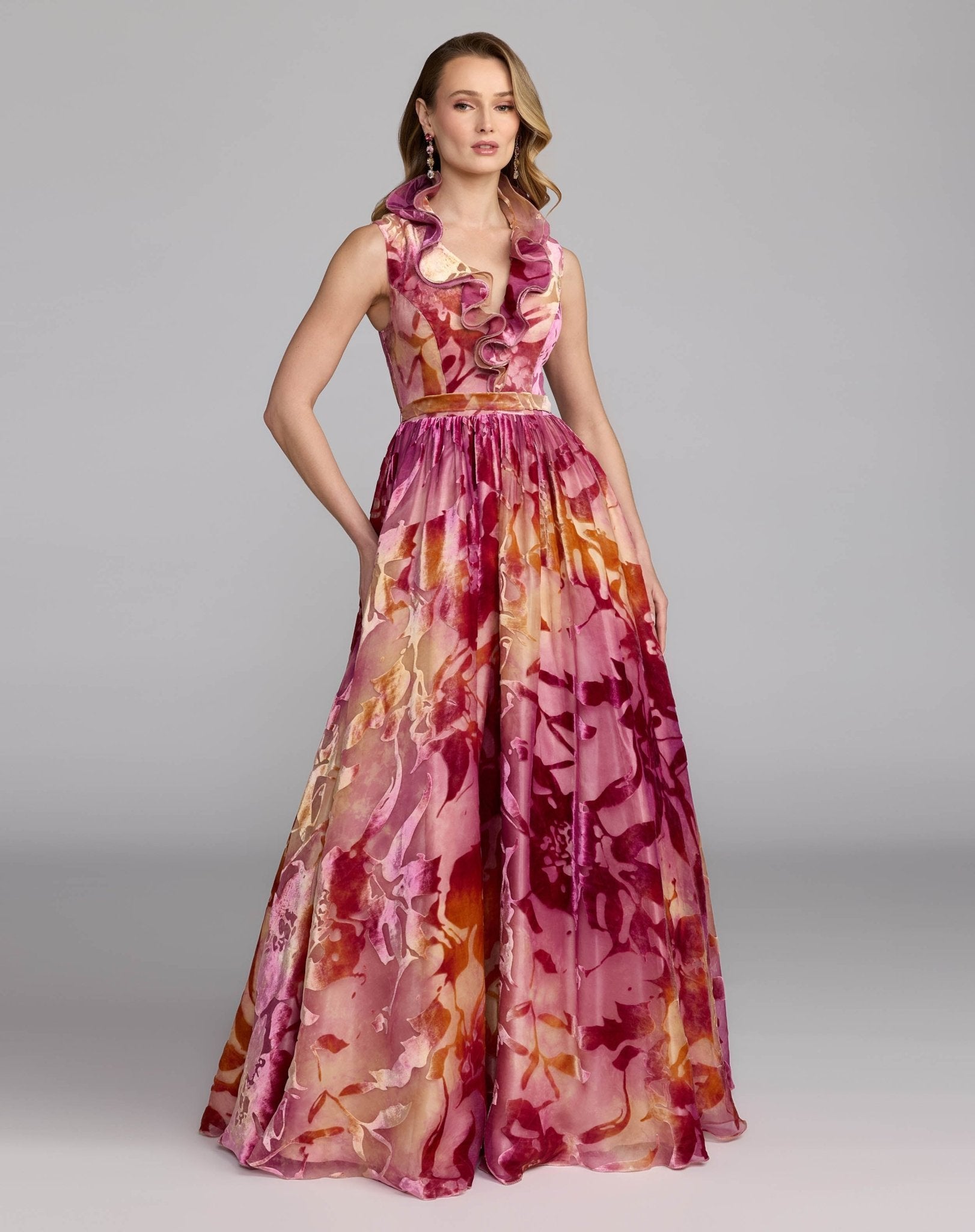 Sleeveless Velvet Ruffle Ball Gown