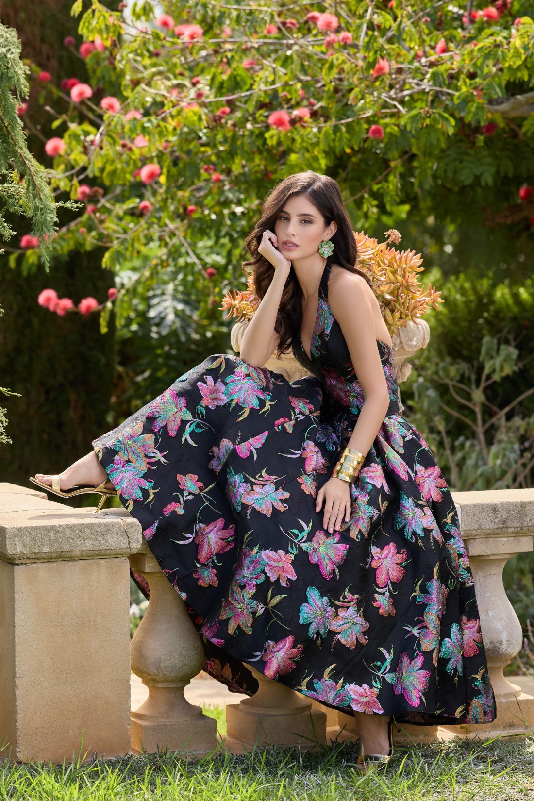 Black-multi-shimmer-brocade-halter-gown-with-plunging-neckline-front