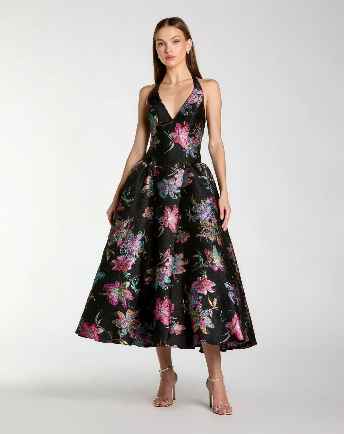 Mac Duggal Black Brocade Halter Neck Open Back Midi Dress Black Multi #13297