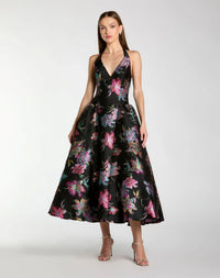 Mac Duggal Black Brocade Halter Neck Open Back Midi Dress Black Multi #13297