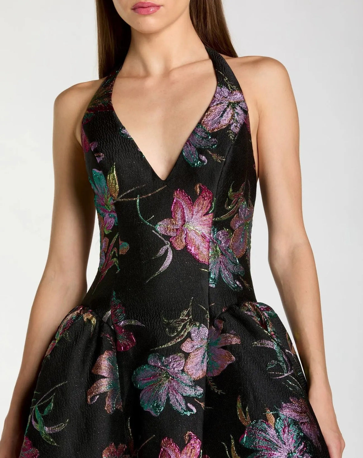 Black Brocade Halter Neck Open Back Midi Dress